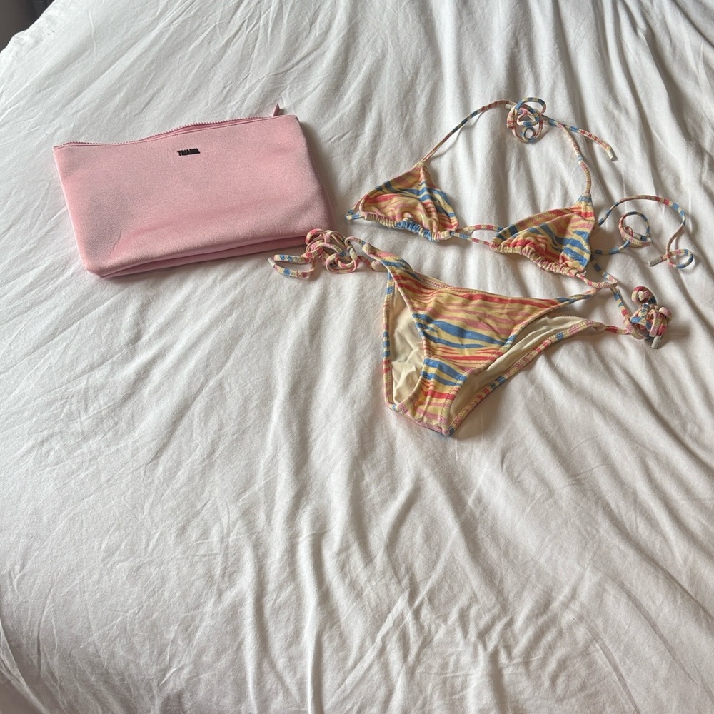 Triangle Striped/Zebra print Tie-Side Bikini Set in Pastel Multicolor Like New